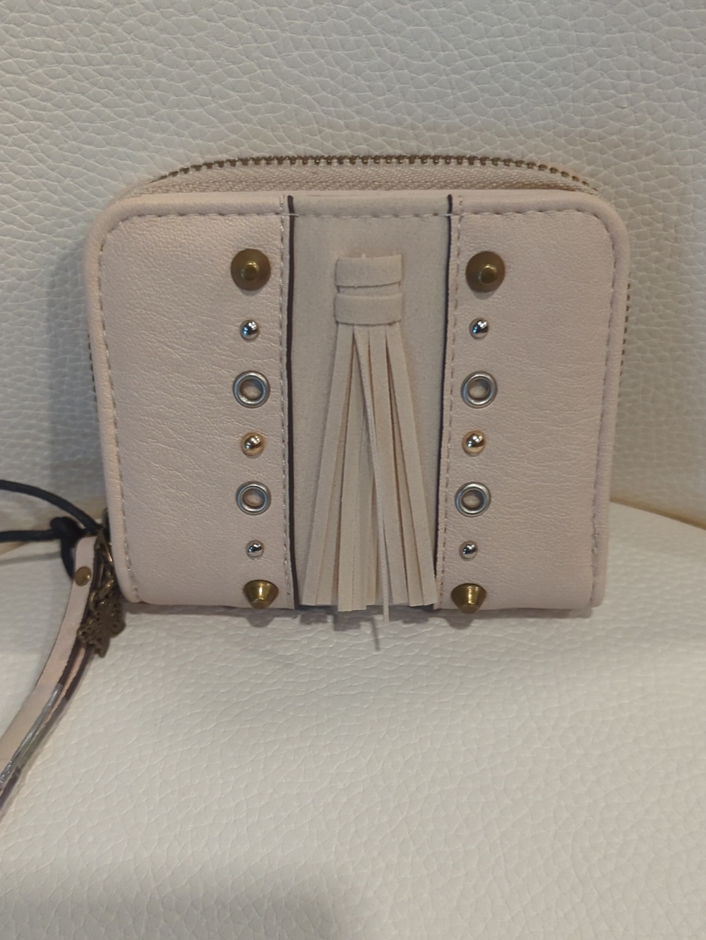 Jessica Simpson Cream Tassel Zip Wallet with Stud Accents